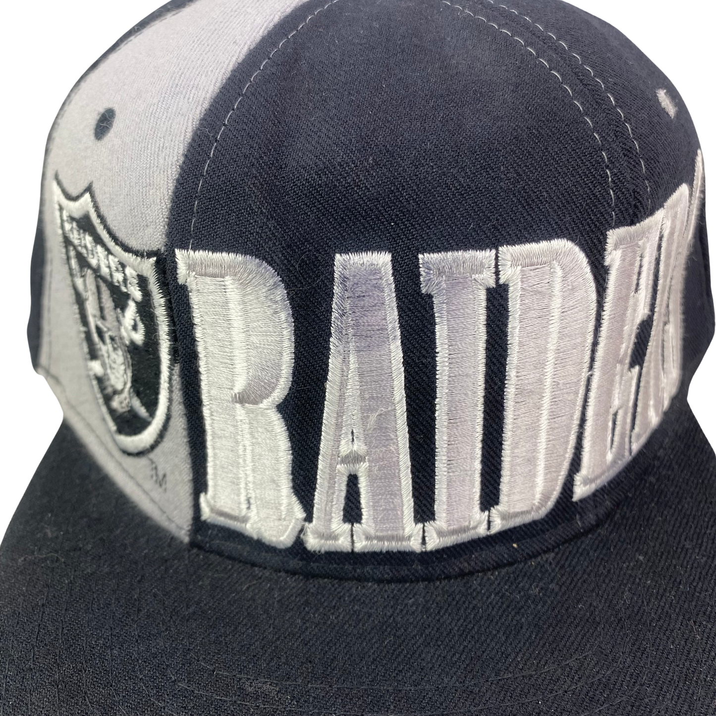 Vintage 90s LA Los Angeles Raiders Starter Spellout Snapback Wool Hat - Silver and Black