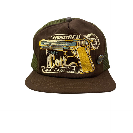 Vintage Insured by Colt 45 ACP Gun Trucker Hat with Pin