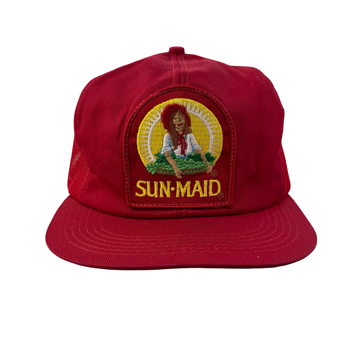 Vintage 80s 90s Sun Maid Raisins Embroidered Patch Trucker Red Hat