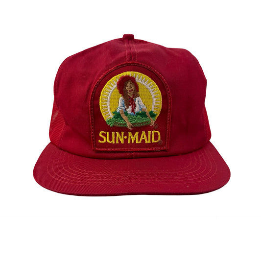 Vintage 80s 90s Sun Maid Raisins Embroidered Patch Trucker Red Hat