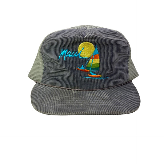 Vintage 80s 90s Maui Hawaii Nautical Sailboat Corduroy Trucker Hat